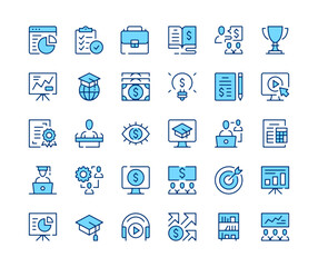 Fototapete - Business training icons set. Vector line icons. Blue color outline stroke symbols. Modern concepts