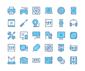 Fototapete - Computer hardware icons set. Vector line icons. Blue color outline stroke symbols. Modern concepts