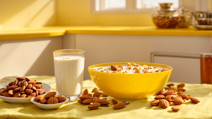 Wall Mural - glass of milk, almonds on kitchen background