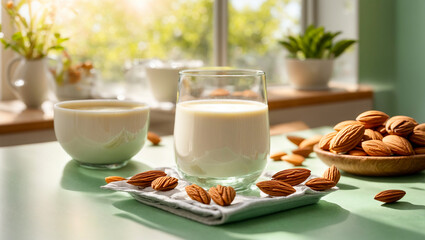 Wall Mural - glass of milk, almonds on kitchen background
