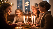 Senior Woman With Granddaughters Celebrating Hanukkah At Fome Burning Candles