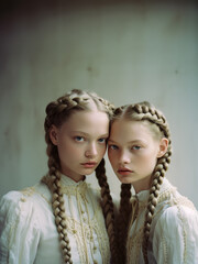 Two beautiful young girls with braid hairstyle