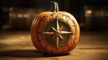 A Pumpkin Carved To Resemble A Vintage, Weathered Compass.