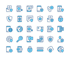 Poster - Mobile security icons set. Vector line icons. Blue color outline stroke symbols. Modern concepts