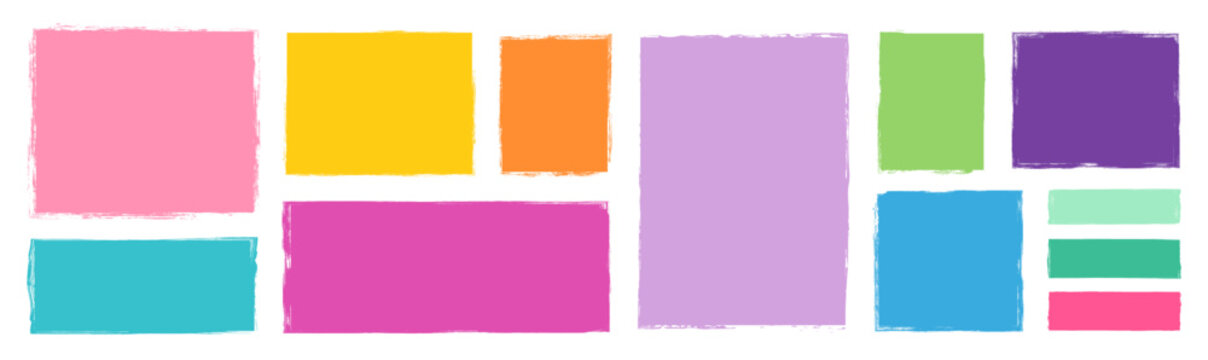 Colorful vector set with various doodle rectangular shapes with rough edges, graphic element for kids designs, backgrounds, borders and frames