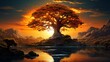 Spherical ancient tree sunset painting image AI generated art