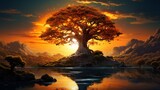 Spherical ancient tree sunset painting image AI generated art