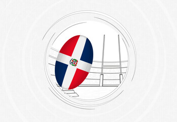 Wall Mural - Dominican Republic flag on rugby ball, lined circle rugby icon with ball in a crowded stadium.