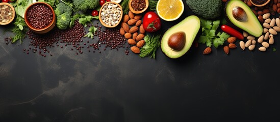 Wall Mural - Healthy vegan food including legumes nuts seeds avocado and green peas displayed on a light stone background