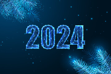 Wall Mural - Abstract 2024 Happy New Year digital web banner with evergreen branches in futuristic style on blue
