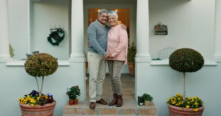 Wall Mural - New house, elderly couple love and happy to rent property mortgage, real estate investment and retirement support. Relocation portrait, homeowner hug and Mexican people holding hands on home porch