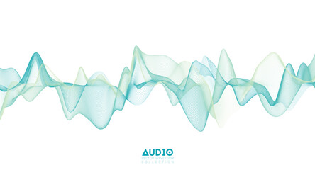 Poster - 3d audio soundwave. light green music pulse oscillation. glowing impulse pattern