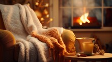 Photo Of A Cozy Winter Scene With A Warm Cup Of Coffee And A Soft Blanket In Front Of A Crackling Fireplace