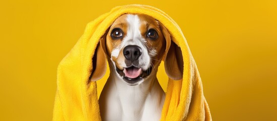 Wall Mural - Beagle dog covered in yellow towel after bath representing pet grooming