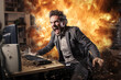Burnout at work concept. Male Manager Workers Firm Near Computer Monitor on Fire. Man with tantrum, nervous breakdown;.