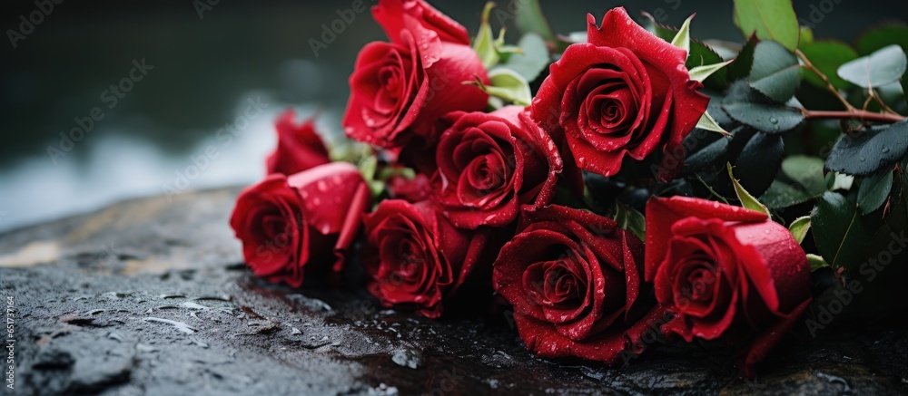 Outdoor funeral ceremony with space for text on black granite tombstone ...
