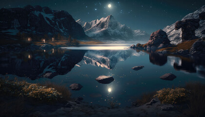 Poster - The mountains and lakes under the starry sky again, AI generated