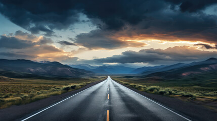 Sticker - A highway leads into the distance, outdoors at sunset