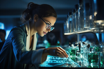 Poster - A woman in a clean energy research lab, working on sustainable solutions for the future. Generative Ai.