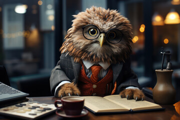 Sticker - An owl in glasses and reading a financial report, portraying animals as intelligent and capable decision-makers. Generative Ai.