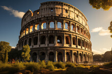 A Majestic Roman Colosseum Bathed In The Warm Glow Of The Setting Sun, A Testament To The Grandeur Of Ancient Architecture. Generative Ai.