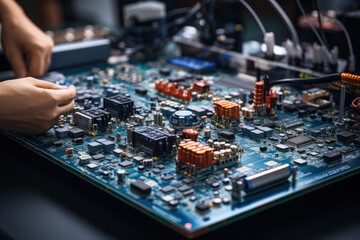 Poster - a close-up of a worker's hands meticulously assembling intricate electronic components in a factory.