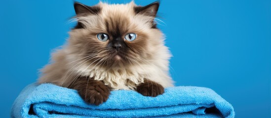 Poster - Bathed Persian seal colorpoint cat sitting in blue towel isolated on white