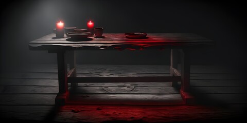 dark rustic table for product photography scene realistic wood dark grey woods red accent light not in the scene background is a dark mystic blacks 8k beautiful mock up background hyperrealist 