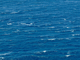 The blue sea is agitated. Marine texture. Sea waves background. Small waves with foam on the surface of the sea.