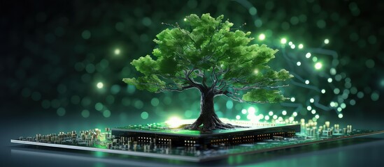 Poster - tree growing on a computer circuit board at the intersection of nature technology and ethics