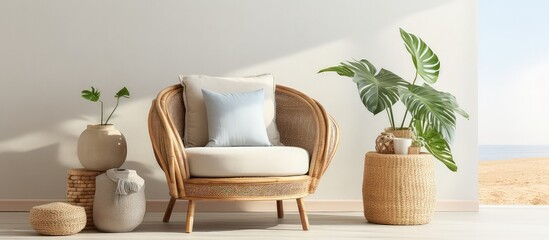 Sticker - Modern home decor with stylish living room including rattan armchair wooden stool and elephant figure