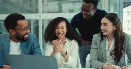 Fototapete - Happy people, laughing and business meeting with laptop for marketing and funny presentation in office. Professional employees and manager with teamwork, conversation and planning on computer