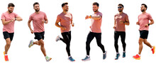 Collage Athlete Runner Man Fitness Clothes Full Height Fitness Workout Running Shoes And T-shirt. People Running Different Angles.