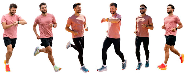 Collage athlete runner man fitness clothes full height fitness workout running shoes and T-shirt. People running different angles.