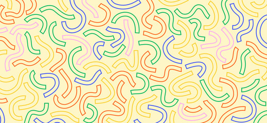 Poster - Colorful doodle pattern. Funny vibrant pattern. Colorful outline curved lines isolated on yellow background.