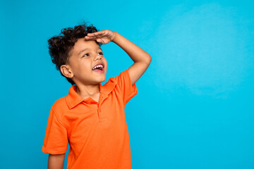 Wall Mural - Photo of excited kid boy hands eyes look empty space for advert promo isolated blue color background