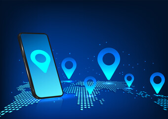 Fototapete - Smartphone technology There is a world map with a pin on the back of the phone. Shows smartphone technology that can be used to indicate the location of travel destinations around the world.