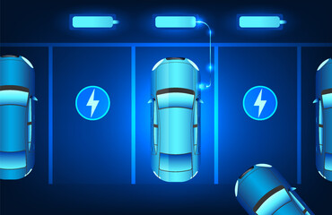 Poster - Electric vehicle technology that uses electricity to drive the batteries at the electric vehicle charging station is clean energy and also helps reduce global warming.