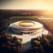 a modern contemporary soccer stadium in the middle of apple Park aerial view hyper realistic golden light dramatic dynamic light cinematic rendering unreal 