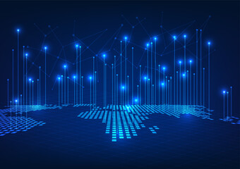 Fototapete - World map technology with lines pointing upwards Shows the connection of network networks around the world that use communications. exchange information and international trade