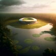 a modern contemporary soccer stadium in the middle of a swamp aerial view hyper realistic golden light dramatic dynamic light cinematic rendering unreal 