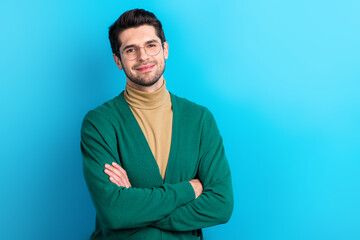 Poster - Photo of positive corporate lawyer folded hands posing empty space ad information isolated on blue color background