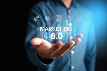 Aufkleber - Businessman with Marketing 6.0 on digital business using ai tech and data analytics with IOT Connecting blockchain online marketing strategy planning concept.