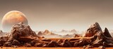 Illustration of a rocky planet with a desert landscape mountain range and sand dunes