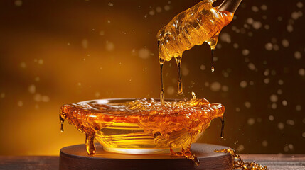 Wall Mural - Liquid gold pouring honey in glass bowl, AI Generated