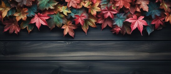 Wall Mural - Wooden cross surrounded by fall foliage on dark wood backdrop with room for text