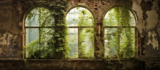 Wall Mural - Window in deserted building with architectural facade