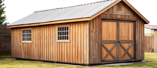 Display of American wooden sheds with metal roof and garage sliding door used for storage hobbies or workshop in a backyard or on an allotment