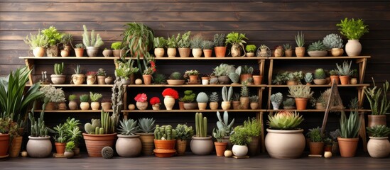 Poster - Botanical home garden composition with wooden mock up frame adorned with various house plants cacti succulents and floral accessories Template