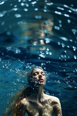 Wall Mural - beautiful female woman freshness relax floating swim in water pool casual peaceful face closeup body splash in water daylight